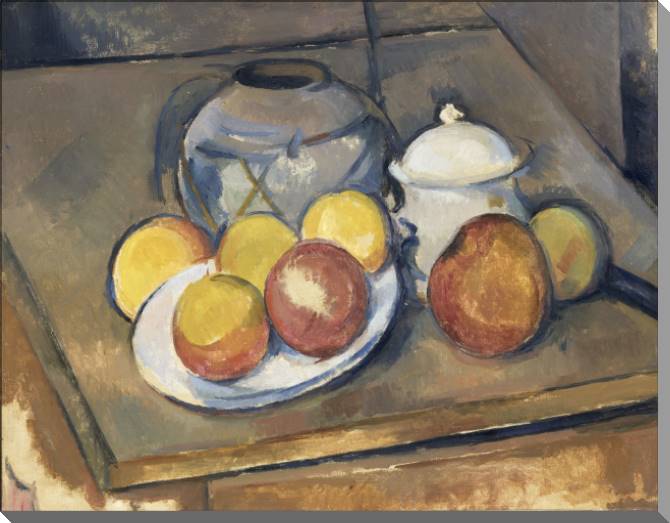 Купить и печать на заказ Картины на холсте Поль Сезанн Straw-Trimmed Vase, Sugar Bowl and Apples