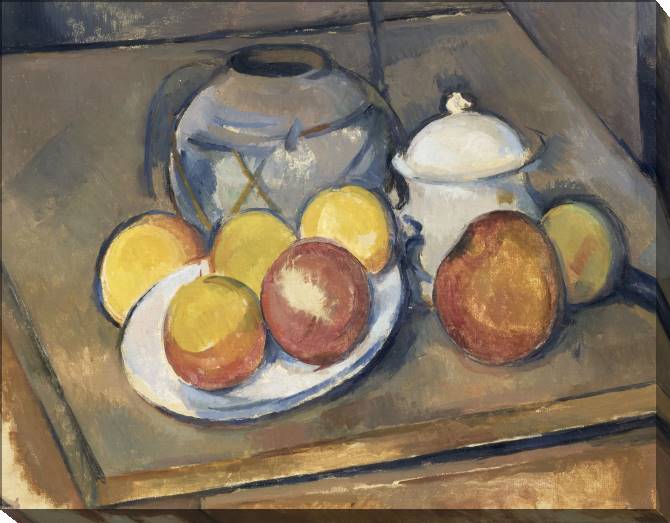 Купить и печать на заказ Картины на холсте Поль Сезанн Straw-Trimmed Vase, Sugar Bowl and Apples