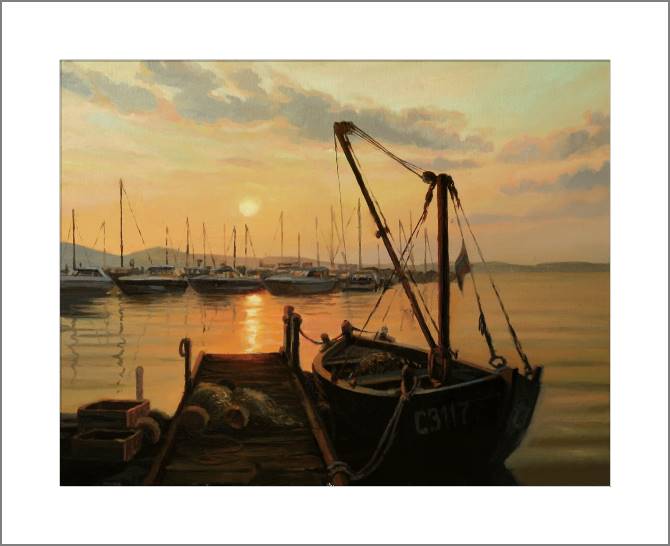 Купить и печать на заказ Картины, фото с паспарту Закат у причала