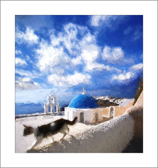 Купить и печать на заказ Картины, фото с паспарту Городской пейзаж на Санторини