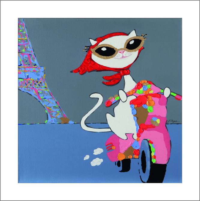 Купить и печать на заказ Картины, фото с паспарту Кошка на мопеде