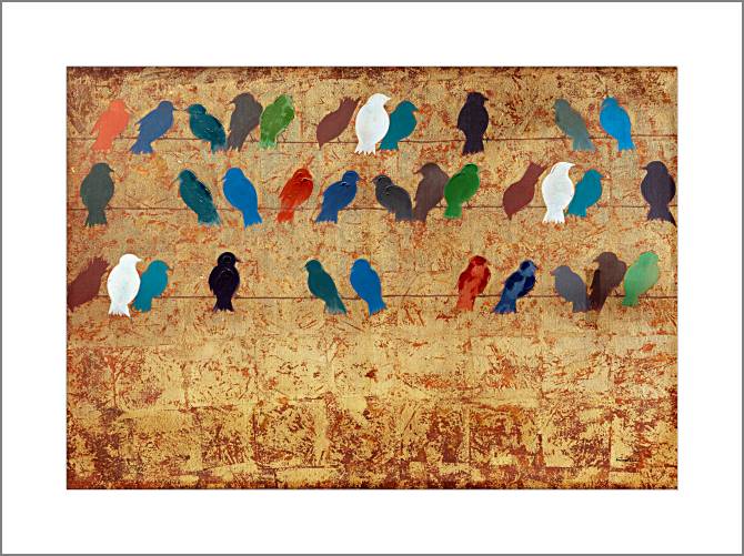 Купить и печать на заказ Картины, фото с паспарту Разноцветные птицы на проводах