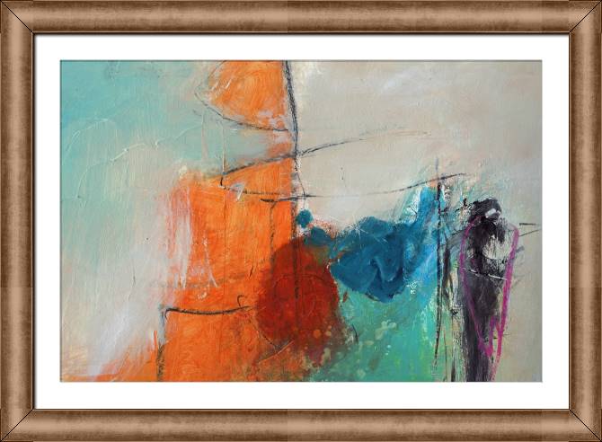 Framed and baguette paintings Orange and gray touches