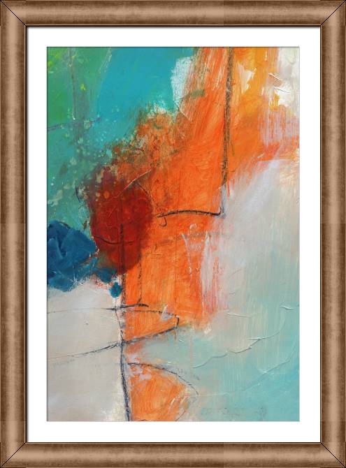 Framed and baguette paintings Orange and gray touches
