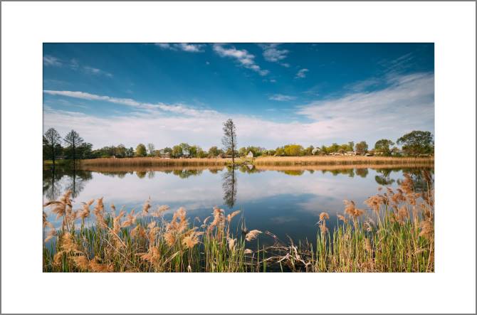 Купить и печать на заказ Картины, фото с паспарту Белорусская деревня возле озера