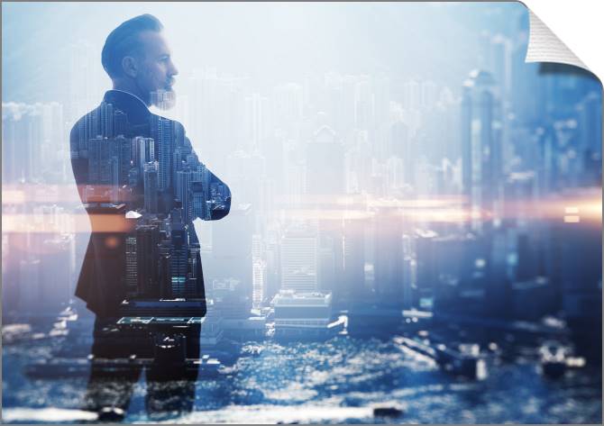 Купить и печать на заказ Картины на холсте Бизнесмен и вид на город