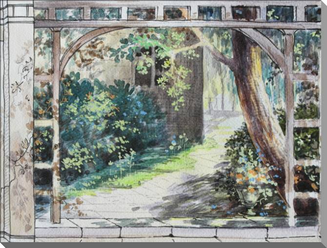 Купить и печать на заказ Картины на пластике, пеноркартоне Акварельный эскиз с беседкой