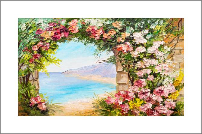 Купить и печать на заказ Картины, фото с паспарту Арка с цветами у моря