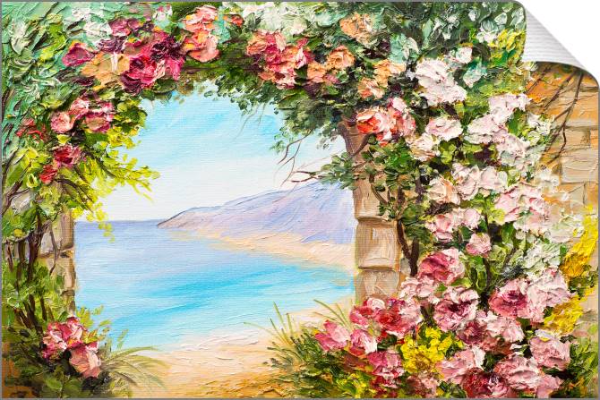 Купить и печать на заказ Картины на холсте Арка с цветами у моря