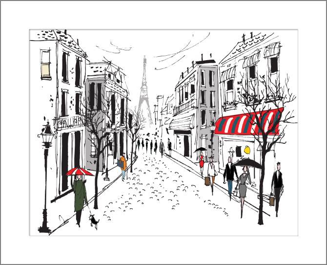 Купить и печать на заказ Картины, фото с паспарту Французская улица иллюстрация