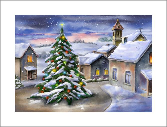 Купить и печать на заказ Картины, фото с паспарту Пейзаж с новогодней елкой