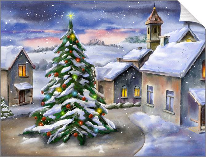 Купить и печать на заказ Картины на холсте Пейзаж с новогодней елкой