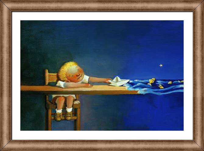 Framed and baguette paintings A boy with a boat