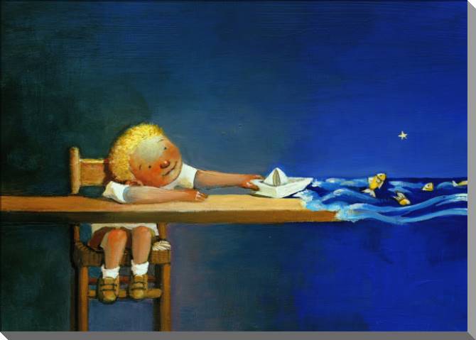 Купить и печать на заказ Картины на пластике, пеноркартоне Мальчик с корабликом