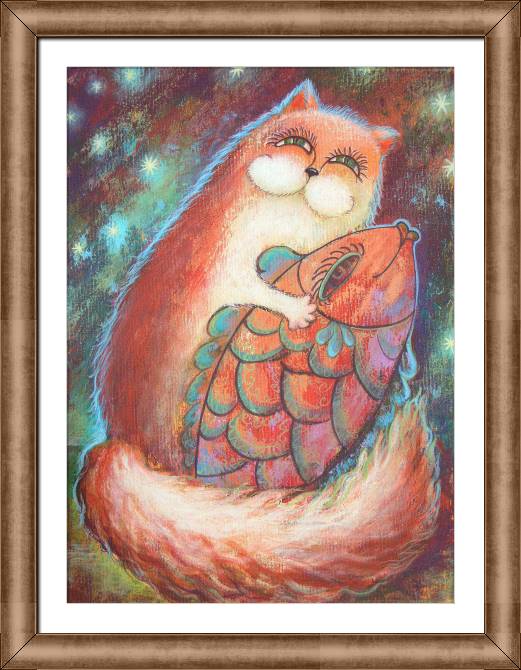 Framed and baguette paintings Cat and goldfish pastel paintings