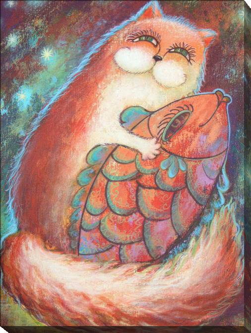 Картины на холсте Cat and goldfish pastel paintings