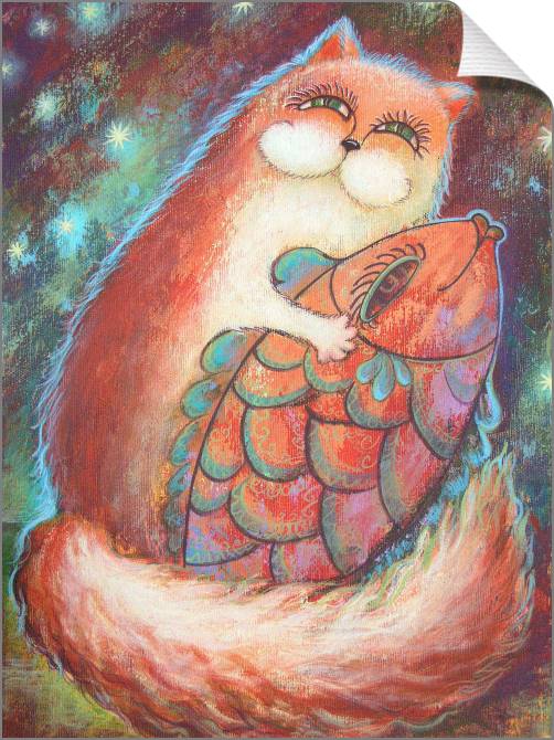 Купить и печать на заказ Картины на холсте Кот и рыбка рисунок пастелью