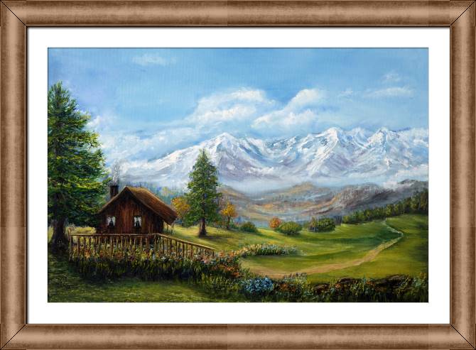 Framed and baguette paintings Mountain landscape with a house