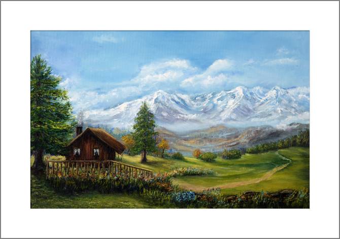 Купить и печать на заказ Картины, фото с паспарту Горный пейзаж с домиком
