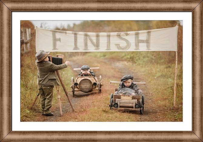 Framed and baguette paintings Racing wooden cars