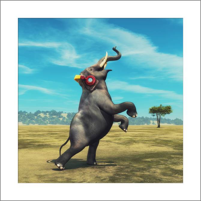 Купить и печать на заказ Картины, фото с паспарту Слон в наушниках