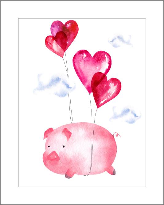 Купить и печать на заказ Картины, фото с паспарту Свинка и шарики