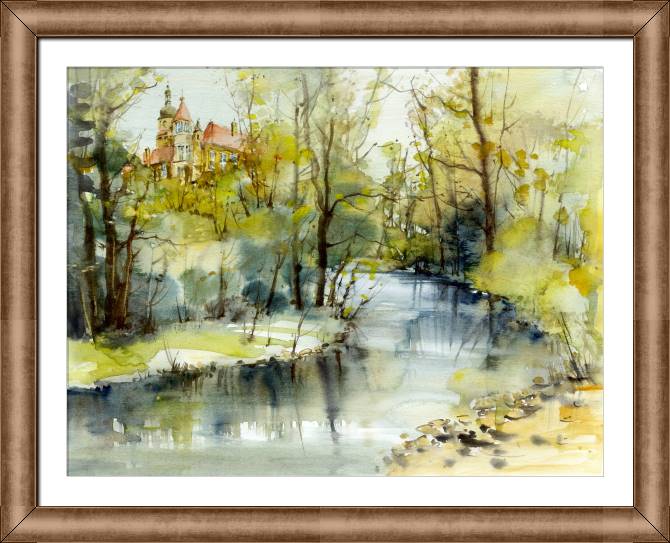 Framed and baguette paintings Castle above a river, watercolour