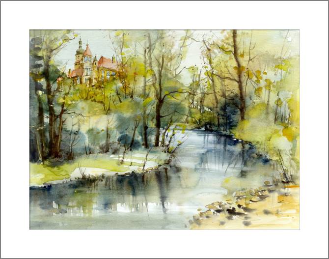 Купить и печать на заказ Картины, фото с паспарту Замок над рекой акварель