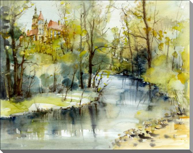 Купить и печать на заказ Картины на пластике, пеноркартоне Замок над рекой акварель