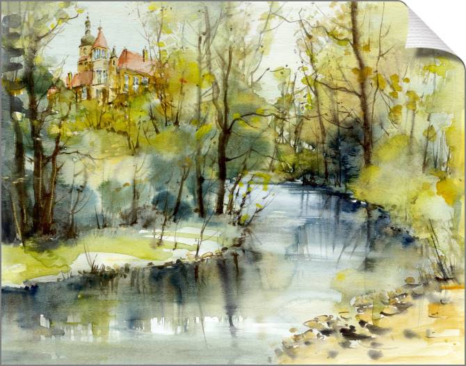 Картины на холсте Castle above a river, watercolour