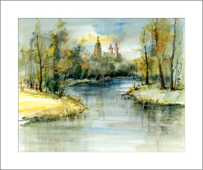 Купить и печать на заказ Картины, фото с паспарту Замок над рекой акварель