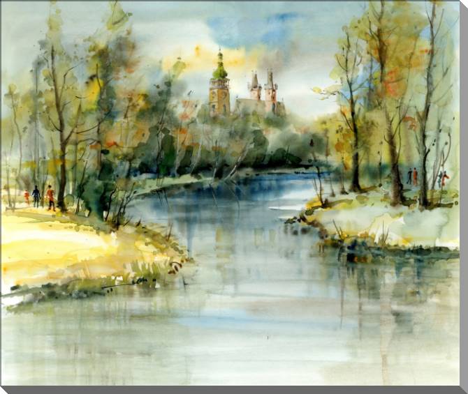 Купить и печать на заказ Картины на пластике, пеноркартоне Замок над рекой акварель