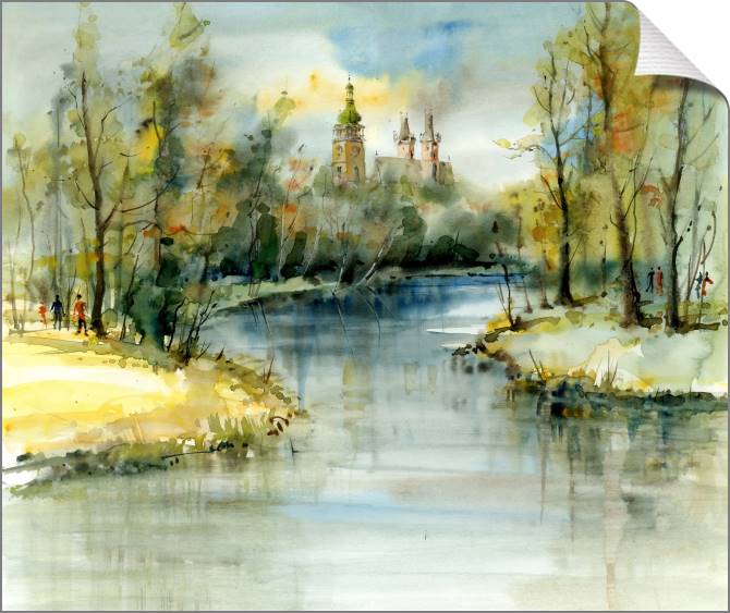 Картины на холсте Castle above a river, watercolour