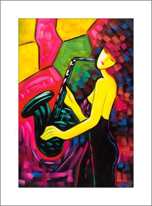 Купить и печать на заказ Картины, фото с паспарту Девушка и саксофон