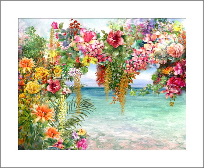 Купить и печать на заказ Картины, фото с паспарту Разноцветные цветы у моря