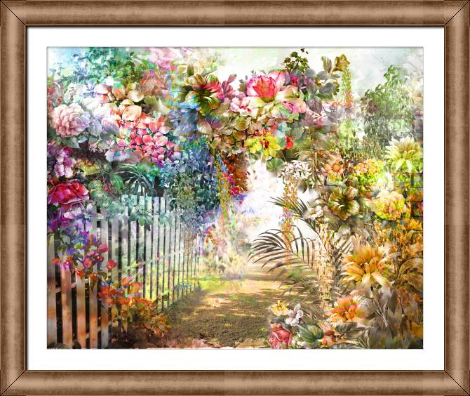 Картины в рамке, багете Colorful flowers at the fence
