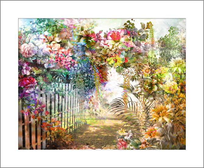 Купить и печать на заказ Картины, фото с паспарту Разноцветные цветы у забора