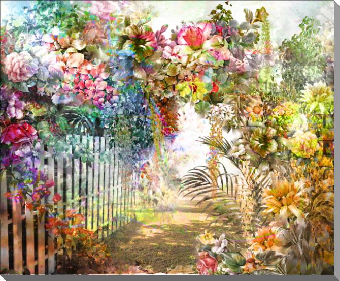 Купить и печать на заказ Картины на пластике, пеноркартоне Разноцветные цветы у забора