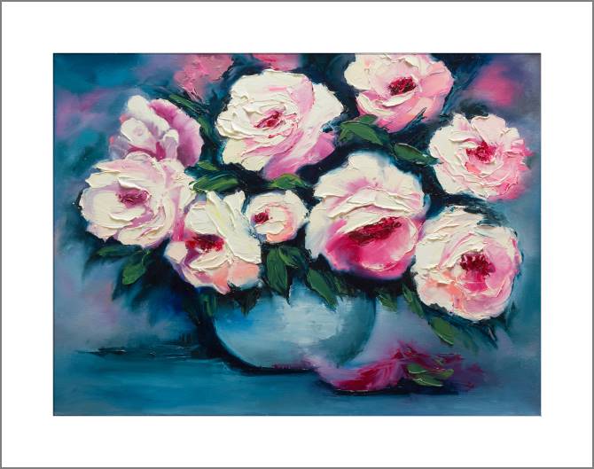 Купить и печать на заказ Картины, фото с паспарту Пионы в вазе маслом