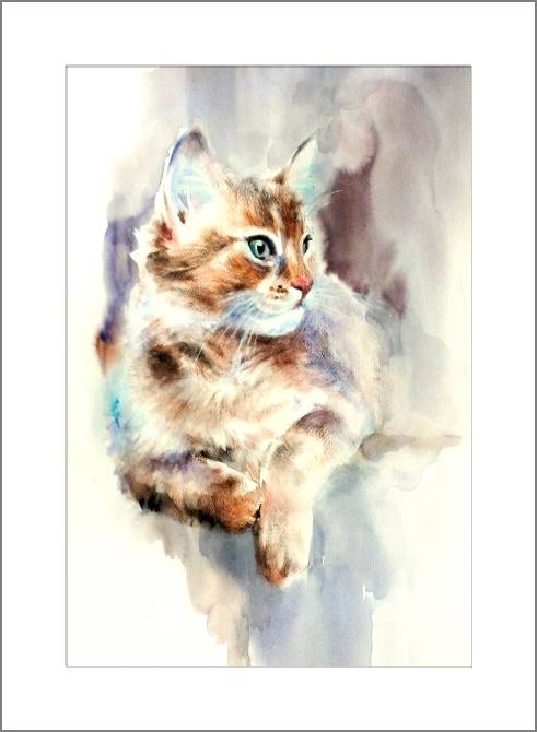 Купить и печать на заказ Картины, фото с паспарту Кошка акварель