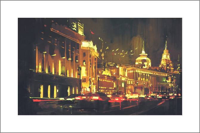 Купить и печать на заказ Картины, фото с паспарту Шанхай ночью цифровая живопись