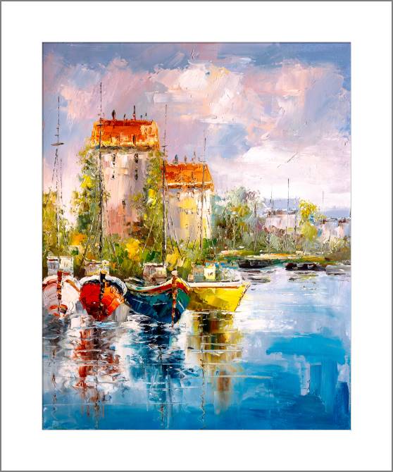 Купить и печать на заказ Картины, фото с паспарту Вид на гавань маслом