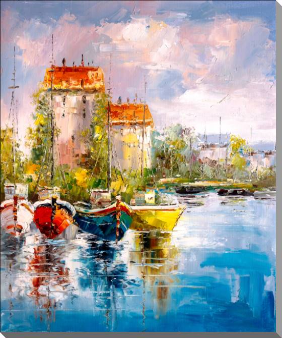 Купить и печать на заказ Картины на пластике, пеноркартоне Вид на гавань маслом