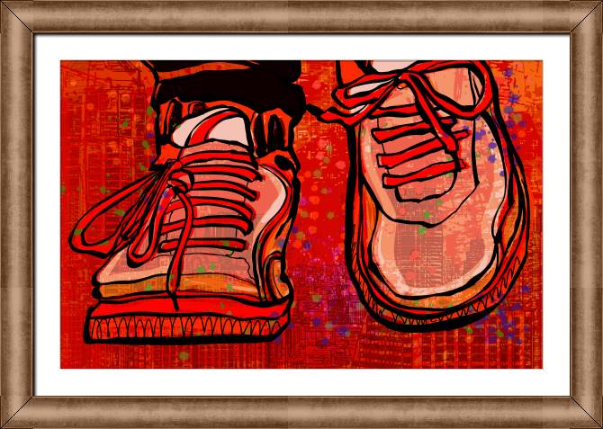 Купить и печать на заказ Картины в рамке, багете Кроссовки на фоне города