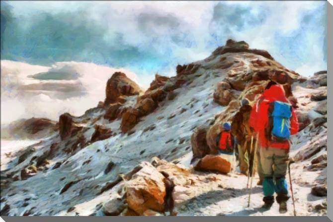 Купить и печать на заказ Картины на пластике, пеноркартоне Поход в горы цифровая живопись