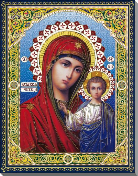 Купить и печать на заказ Картины на пластике, пеноркартоне Казанская икона Божией Матери с узорной рамкой