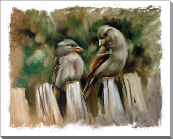 Купить и печать на заказ Картины на пластике, пеноркартоне Воробьи на заборе