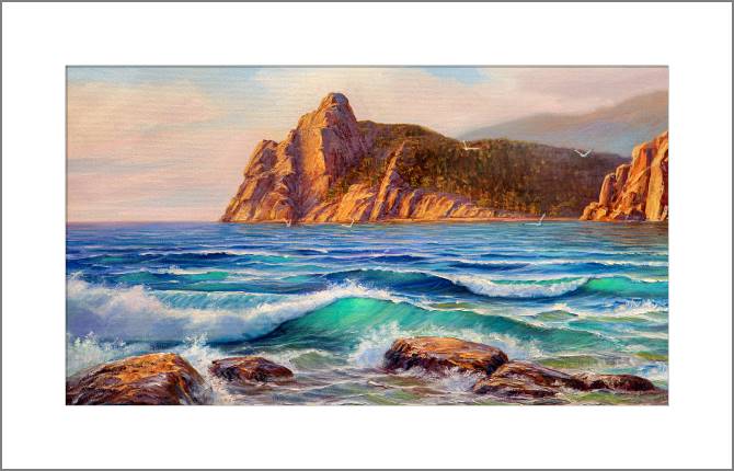 Купить и печать на заказ Картины, фото с паспарту Морской залив на закате