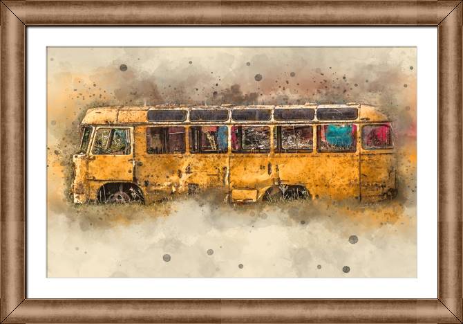 Купить и печать на заказ Картины в рамке, багете Желтый ретро автобус