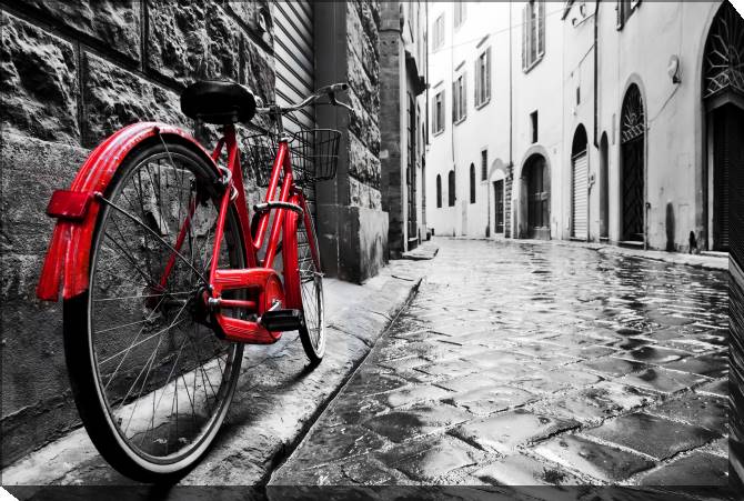 Купить и печать на заказ Картины Красный велосипед на улице в старом городе